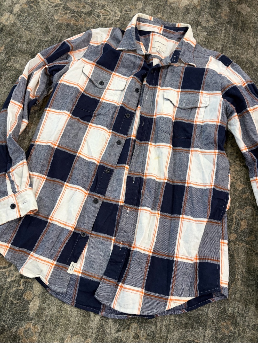 American Eagle Outfitters Navy, White & Orange Plaid Button-Down Shirt